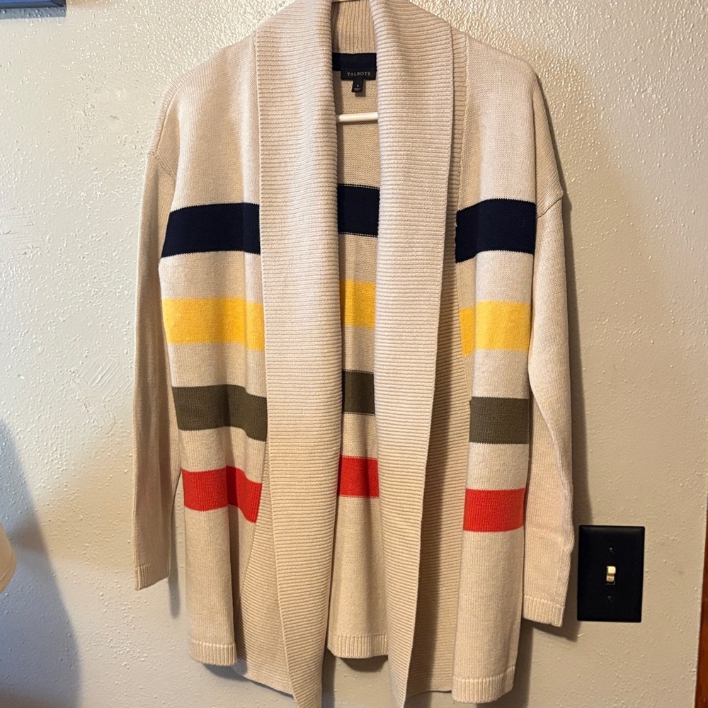Talbots Beige Shawl Collar Cardigan with Navy, Yellow, Olive, and Red Stripes
